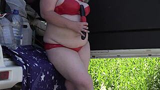 Mature lesbians flash big asses outdoors in lingerie. Voyeur watches with hidden camera in public park fetish scene.