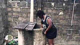 My boyfriend enjoys fucking my big ass by the well side with friend watching