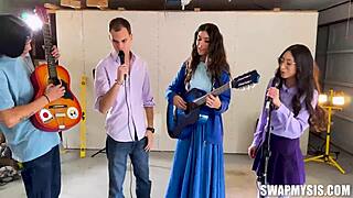 Teen stepsiblings Aubry and Sona swap and fuck in raunchy orgy