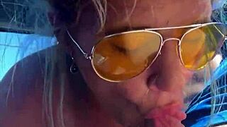 cheating blonde sucks cock in public and gets a facial midday