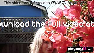 Skinny blonde teen Roxy Shaw strips and waters her tiny tits outdoors.