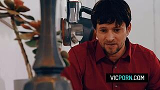 Hot brunette milf Preston Parker stuck under the table with no panties gets rough doggystyle fucking.