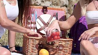 picnic babes share strap-on in countryside lesbian riding