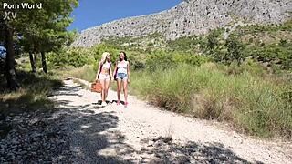 picnic babes share strap-on in countryside lesbian riding