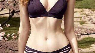 lingerie models posing barefoot under cherry blossom trees