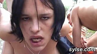 two amateur milfs in french restaurant exhibition and orgy with clients outdoors