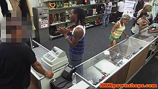In the pawnshop, a beautiful amateur gets doggystyled while sucking cock, spied on secretly.