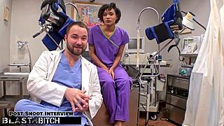 Petite brunette student Jackie Banes gets caught by doctor Tampa in hospital, gives blowjob as fetish patient before cumshot blasting