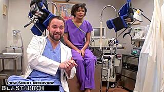 Petite brunette student Jackie Banes gets caught by doctor Tampa in hospital, gives blowjob as fetish patient before cumshot blasting