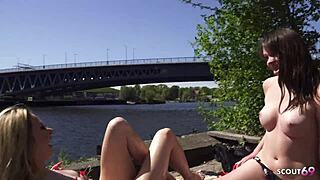Two Lesbian Girls Caught Sunbathing Seduce Stranger Public Ffm