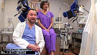 Petite brunette student Jackie Banes gets caught by doctor Tampa in hospital, gives blowjob as fetish patient before cumshot blasting