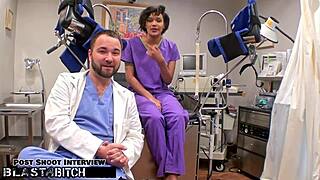 Petite brunette student Jackie Banes gets caught by doctor Tampa in hospital, gives blowjob as fetish patient before cumshot blasting