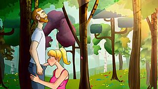 She blows him in the orchard during voyeur masturbation play