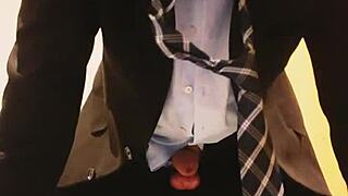 Business suit masturbation with feet and costumes