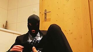 Business suit masturbation with feet and costumes
