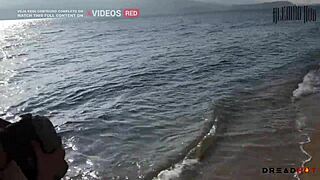 Perverted Woman Shows Tits On Beach, Takes To Rocks For Fucking