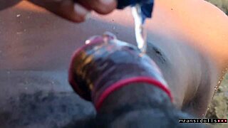 look at this teen with saggy tits and big clit getting wet for blowbang cum on the beach