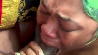 Ghetto ass head throat training with ball licking