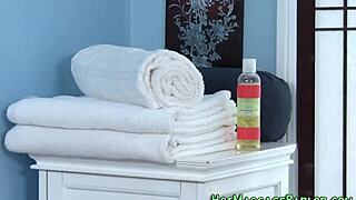 massaging hottie sucks big cock and gets jizzed on