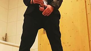 Business suit masturbation with feet and costumes