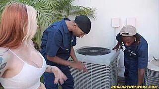 Big tittied trollop spitroasted by massive cocked repairmen - dogfart