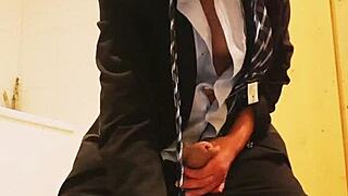 Business suit masturbation with feet and costumes