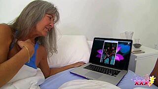 Are these mature lesbians diving into muff with tan lines and small tits?