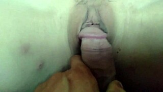 Woman reveals huge tits for morning blowjob