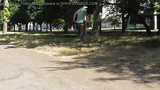 Hairy mature woman flashes pussy in transparent dress outdoors