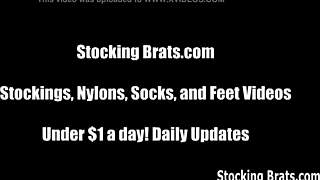 Hey, she's about to suck on my toes while wearing those sexy stockings, and it's gonna feel amazing