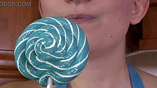 brunette sucks on lollipop in high heels