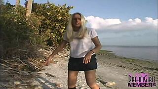 All natural blonde babe flashing her shaved pussy in risky spots