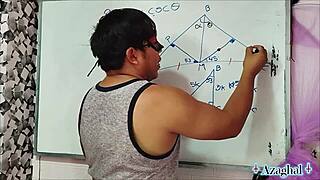 Asian teacher nerd student in bedroom trigonometry fun