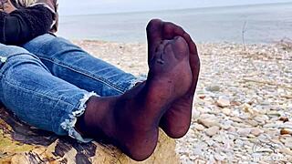 Beautiful nylon feet in jeans outdoor compilation