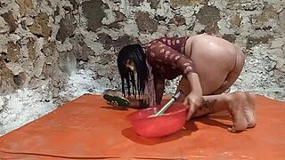 TS Pee in Ass and Fruit Play Stretches Gaping Hole with Cucumber in Toilet