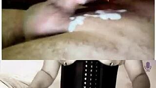 Amateur Latina milf in corset and heels spreads shaved big pussy for intense dildo play and cumshot on webcam