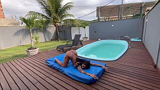 Latina yoga girl asks, Want to join us in the pool?