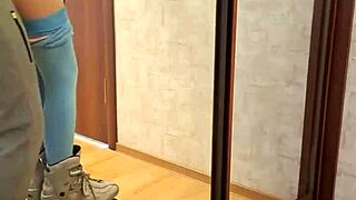 the young couple in leggings skates around the neighborhood leading to sex on roller skates