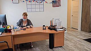 Female boss allows janitor to remove panties and perform oral