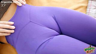 at the gym, the babe with huge cameltoe and big ass does yoga