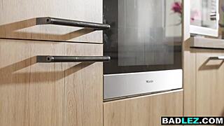 Petite lesbian milf railed hard with icy dildo by blonde roommate