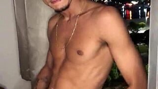 naughty tattooed guy jerks off hard at the building window with creampie fantasy