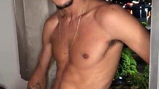 naughty tattooed guy jerks off hard at the building window with creampie fantasy