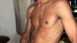 naughty tattooed guy jerks off hard at the building window with creampie fantasy