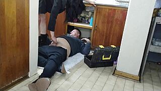 Boss ladies, want a nice fuck? Bent over doggystyle with handjob