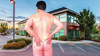 I sneak a peek at stripping and masturbating in the parking lot with big tits shaking.