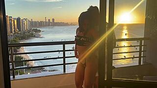 Sensual cowgirl ride at sunset in lingerie and fishnets.