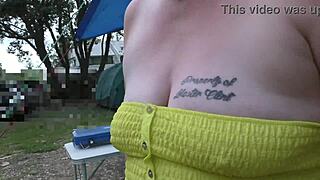 Trashy Kiwi MILF trailer makes a blatant public display at the local holiday park with piercings and tattoos.