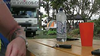 Trashy Kiwi MILF trailer makes a blatant public display at the local holiday park with piercings and tattoos.