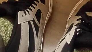Friend has fun trashing my sneakers with shoes fetish